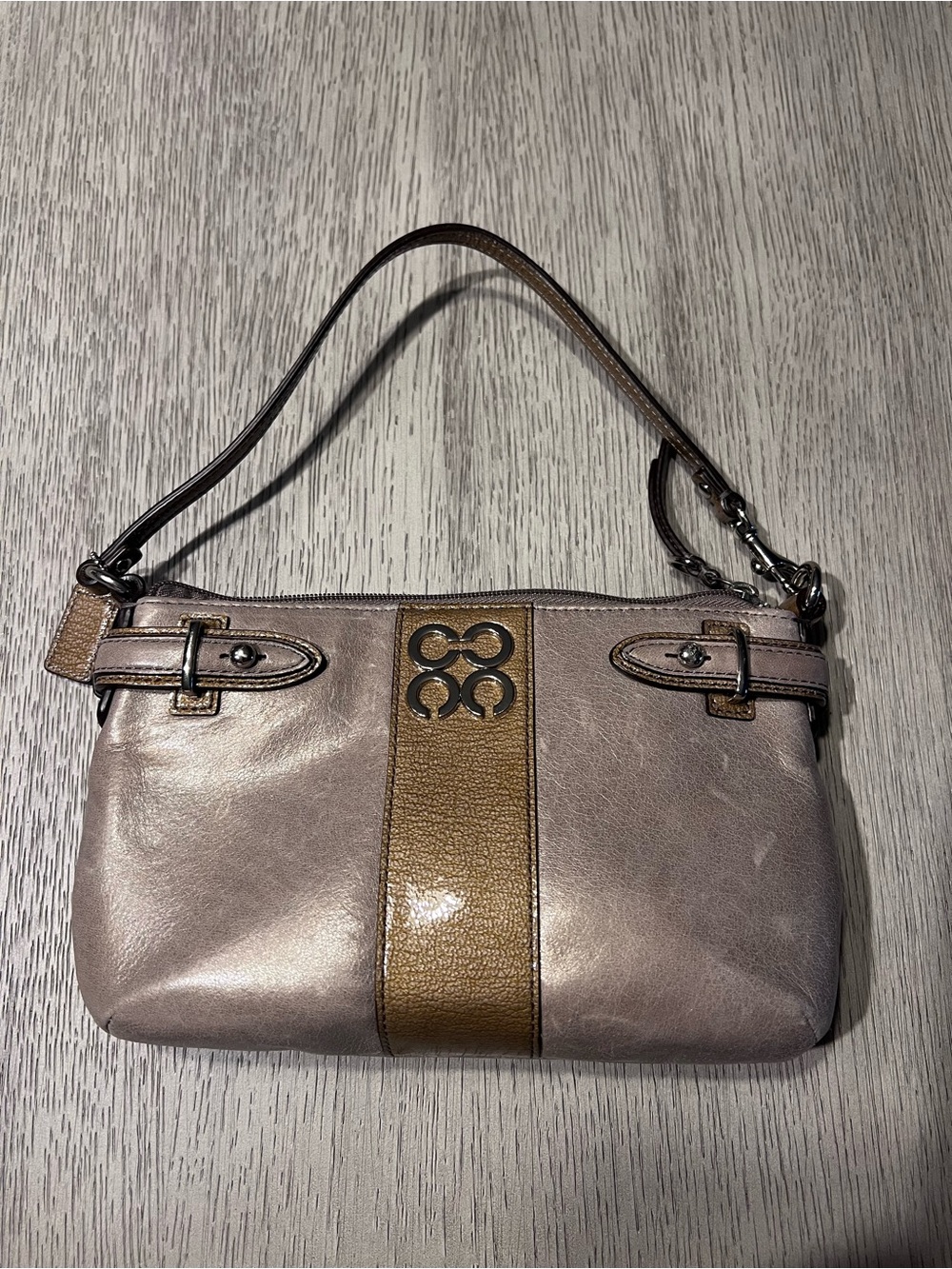 Coach 2010 Collette Metallic Taupe & Camel Leather Shoulder Bag/Wrislet